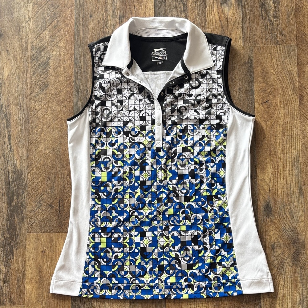 Slazenger Black White Blue Green Sleeveless Geometric Pattern Golf Polo small
